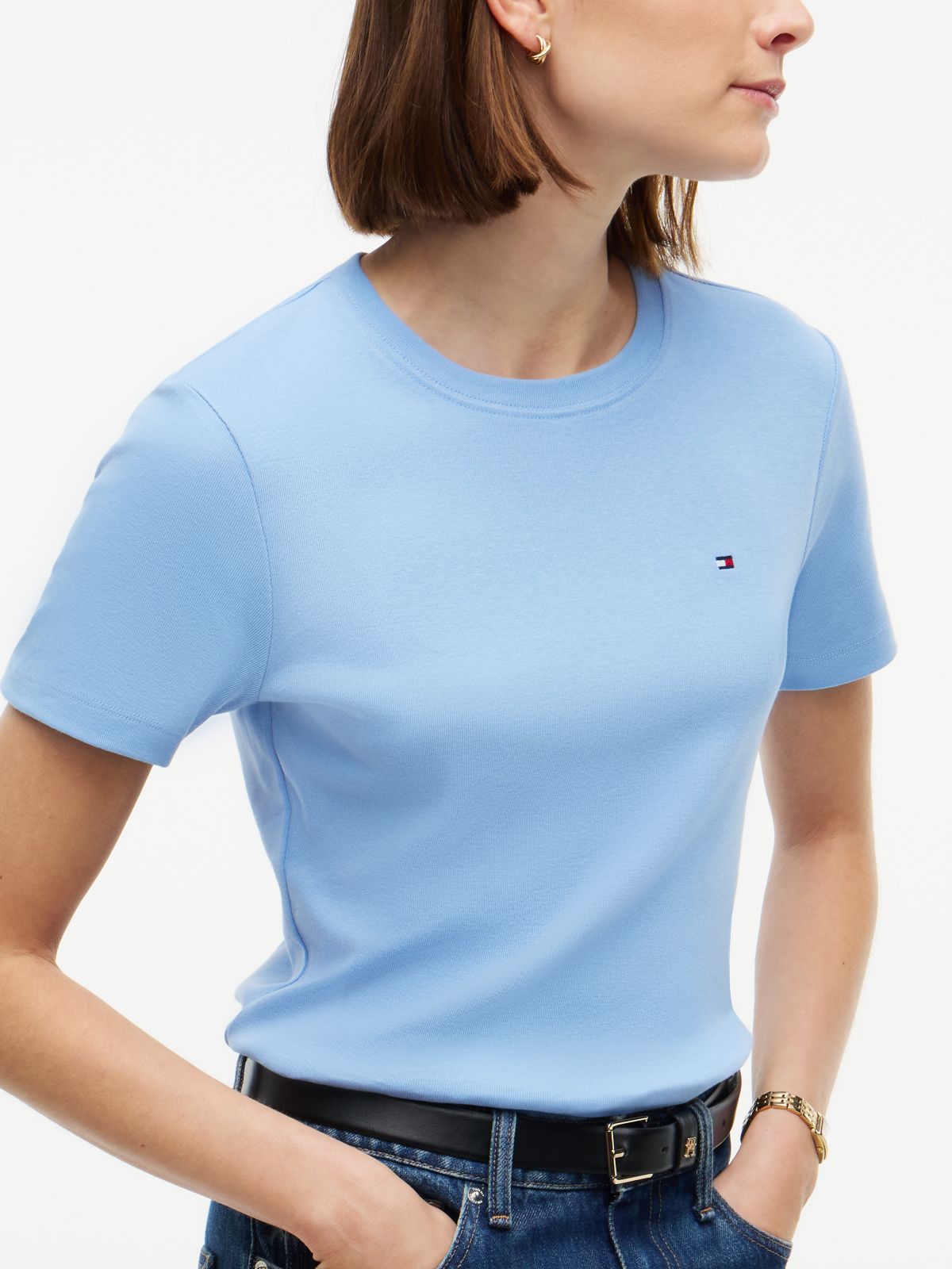 Flag Embroidery Slim Crew Neck T-Shirt — Blue