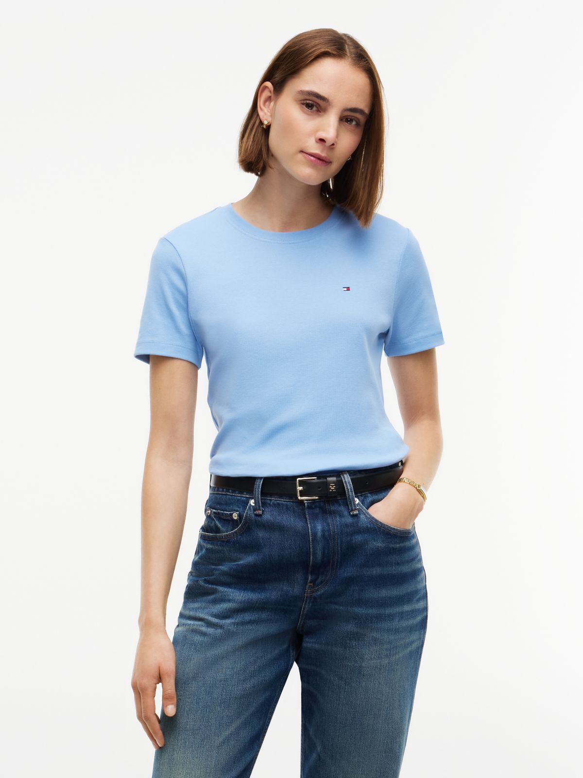 Flag Embroidery Slim Crew Neck T-Shirt — Blue