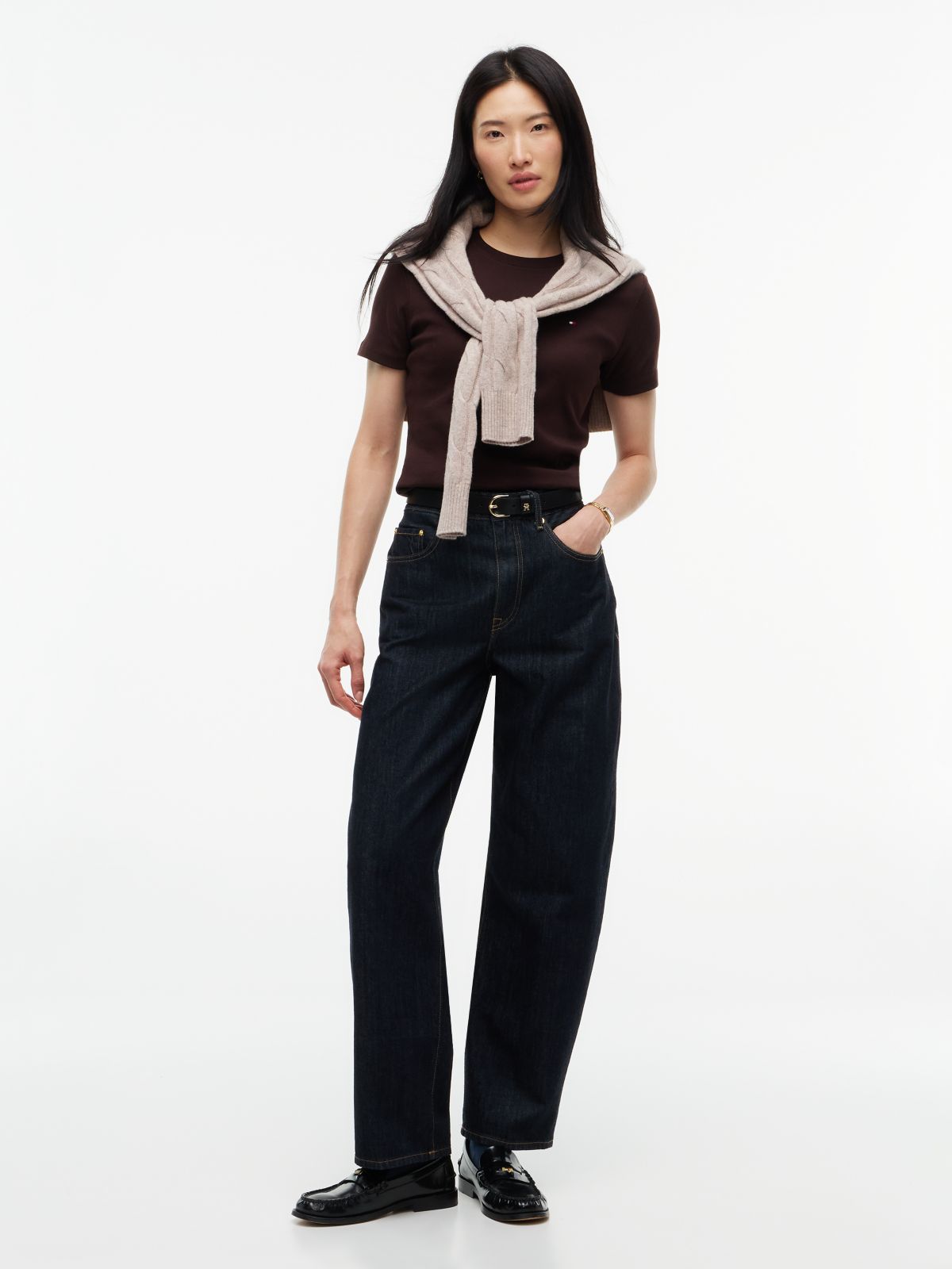 Flag Embroidery Slim Crew Neck T-Shirt — Brown
