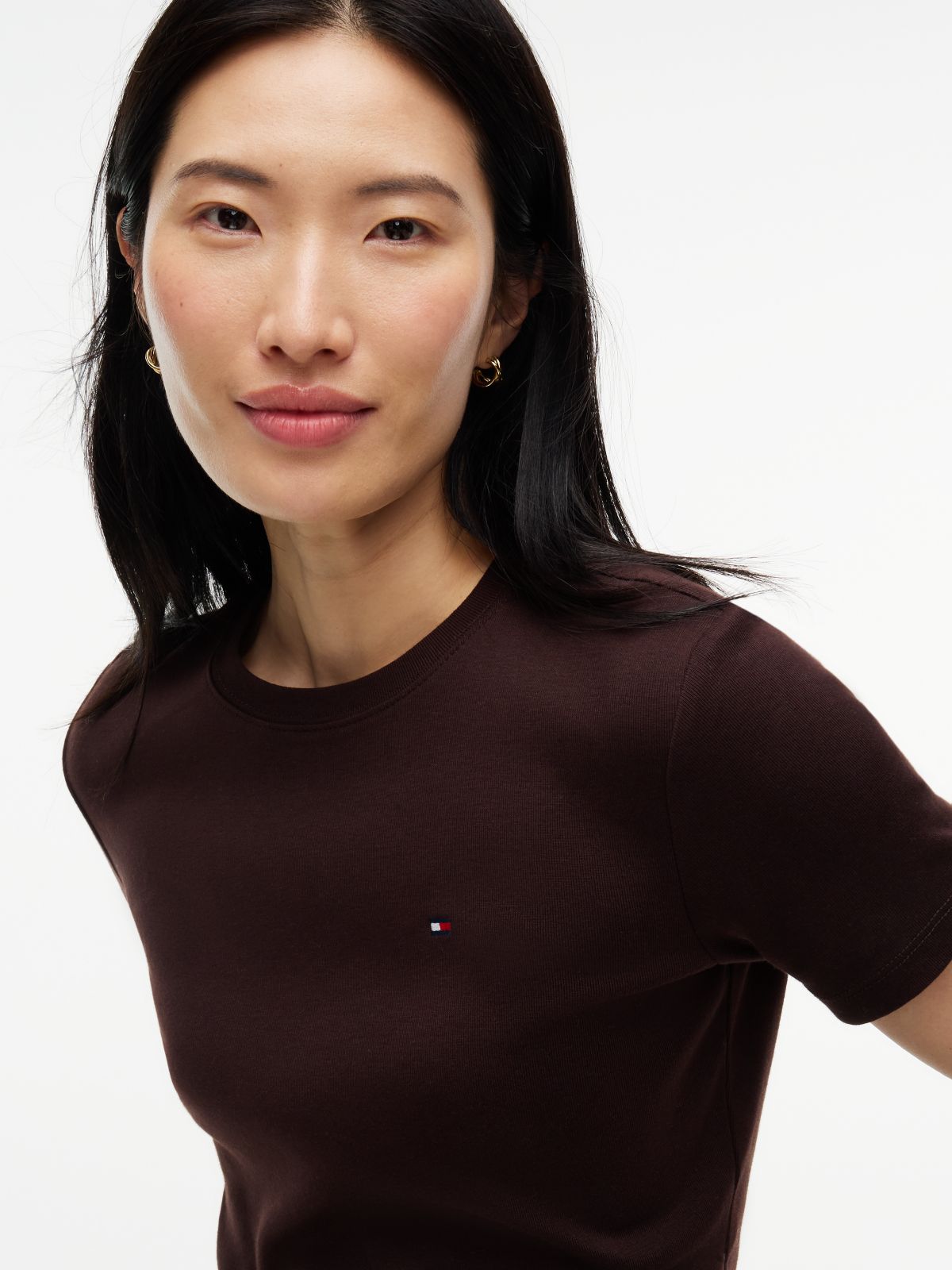 Flag Embroidery Slim Crew Neck T-Shirt — Brown