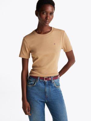 t-shirt ajusté à col ras-du-cou brown pour femmes tommy hilfiger