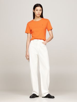 orange slim crew neck t-shirt for women tommy hilfiger