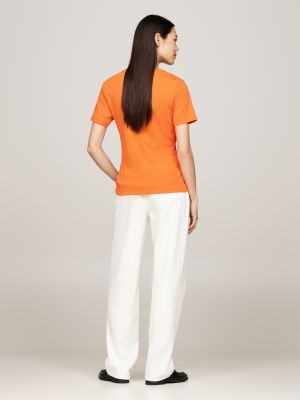 camiseta slim con logo bordado naranja de mujeres tommy hilfiger