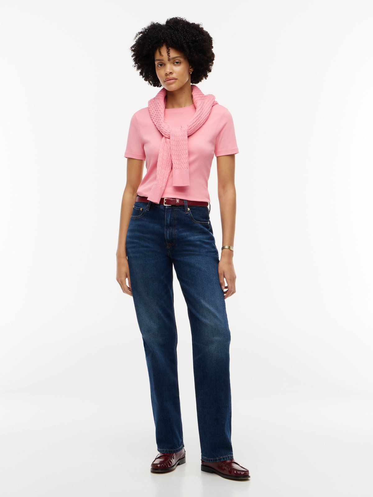 Flag Embroidery Slim Crew Neck T-Shirt — Pink