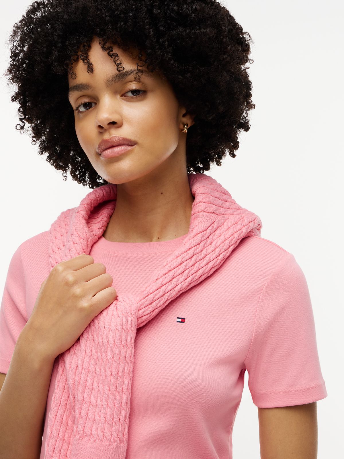 Flag Embroidery Slim Crew Neck T-Shirt — Pink