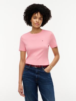 pink slim crew neck t-shirt for women tommy hilfiger