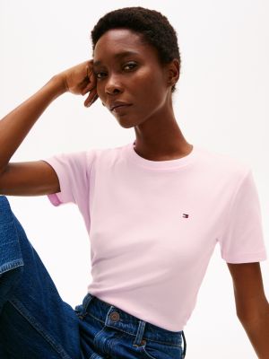 pink crew neck slim t-shirt for women tommy hilfiger