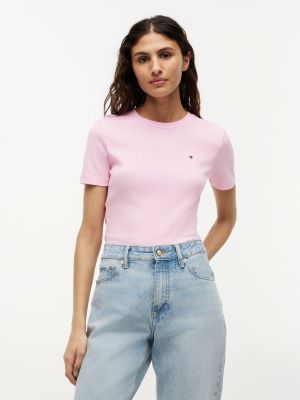 camiseta slim de cuello redondo y logo bordado pink de mujeres tommy hilfiger