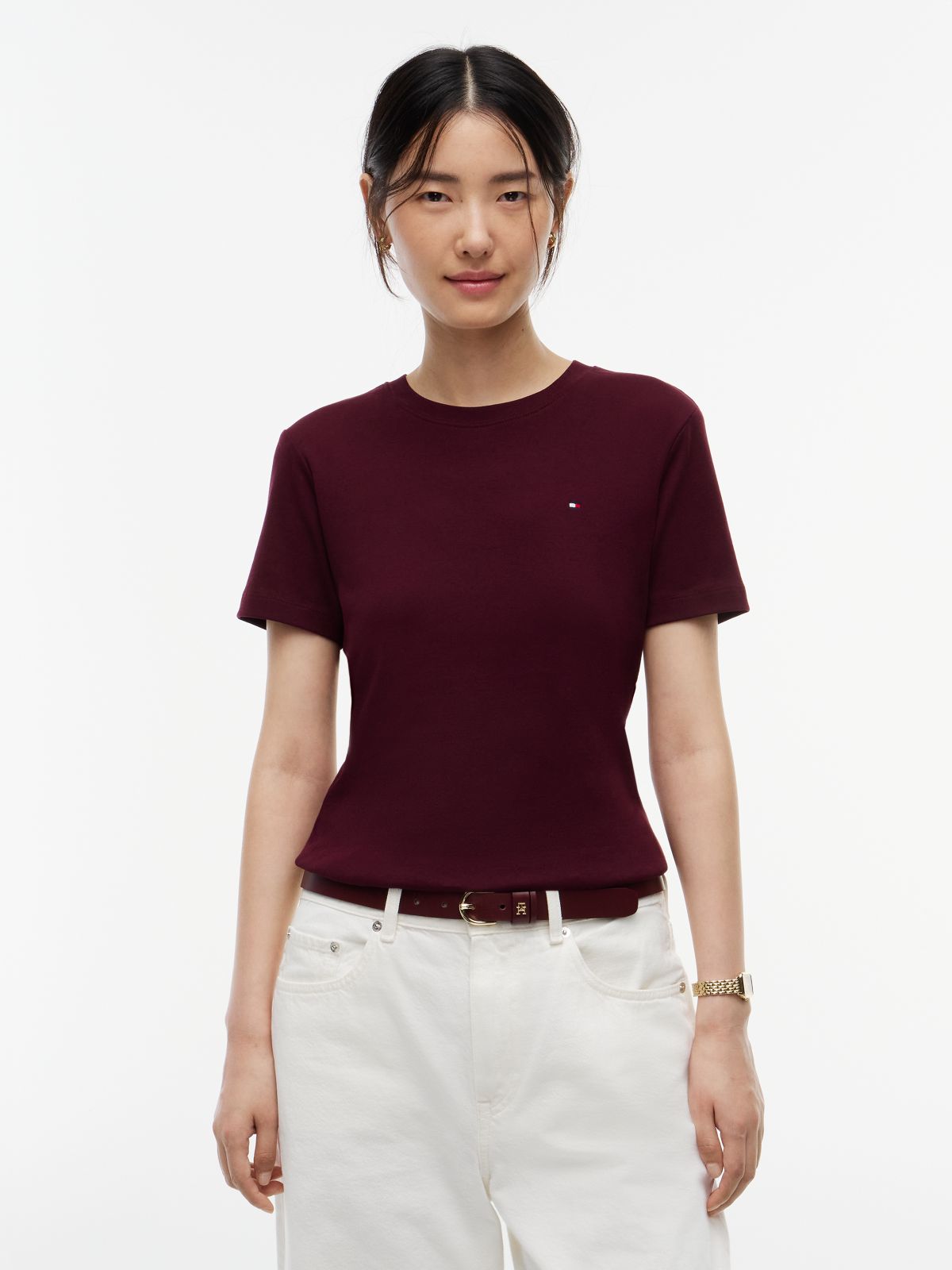 Flag Embroidery Slim Crew Neck T-Shirt — Red