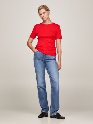 red slim fit t-shirt mit aufgestickter flag für damen - tommy hilfiger