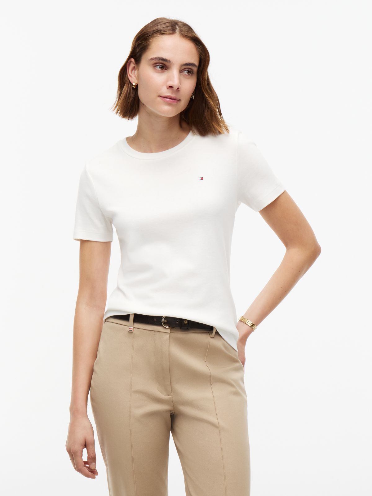 Flag Embroidery Slim Crew Neck T-Shirt — White