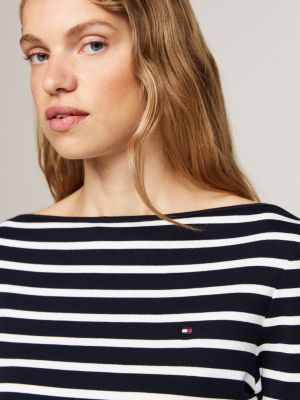 blau t-shirt mit u-boot-ausschnitt und 3/4-ärmeln für damen - tommy hilfiger