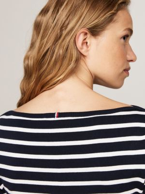 blau t-shirt mit u-boot-ausschnitt und 3/4-ärmeln für damen - tommy hilfiger