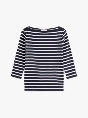 blau t-shirt mit u-boot-ausschnitt und 3/4-ärmeln für damen - tommy hilfiger