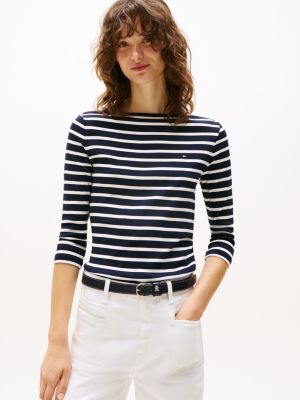 blue boat neck three-quarter sleeve t-shirt for women tommy hilfiger