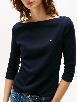 blau t-shirt mit u-boot-ausschnitt und 3/4-ärmeln für damen - tommy hilfiger