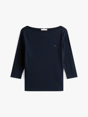 blau t-shirt mit u-boot-ausschnitt und 3/4-ärmeln für damen - tommy hilfiger