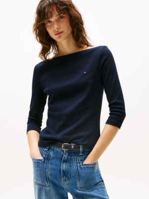 blue t-shirt mit u-boot-ausschnitt und 3/4-ärmeln für damen - tommy hilfiger