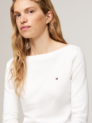 weiß t-shirt mit u-boot-ausschnitt und 3/4-ärmeln für damen - tommy hilfiger