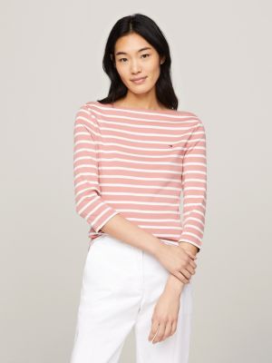 Tommy Hilfiger Women's Long Sleeve Striped Boxy Henley Top Red