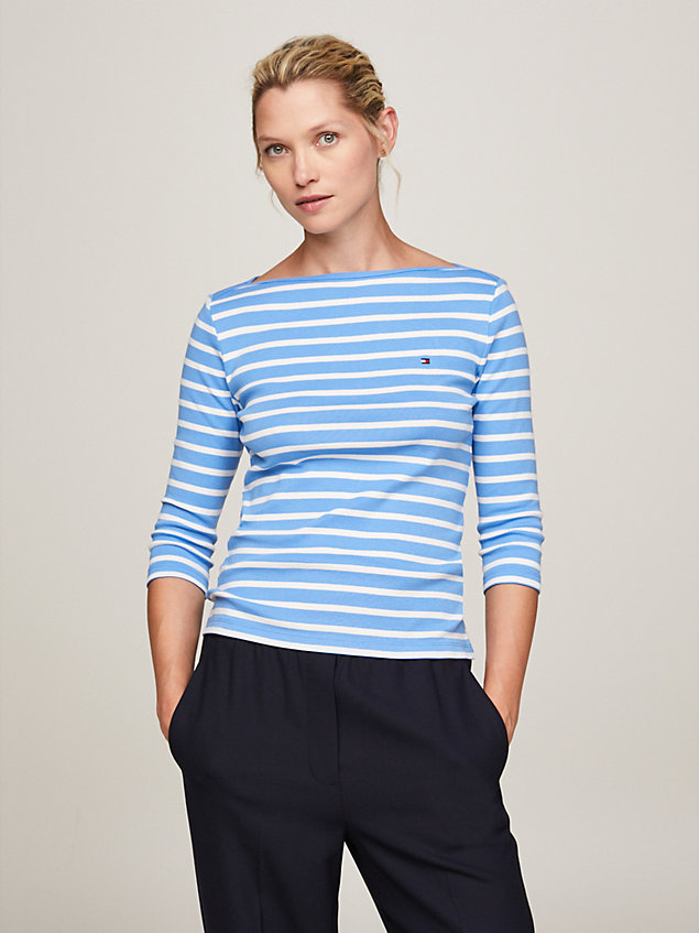 blue three-quarter sleeve boat neck t-shirt for women tommy hilfiger