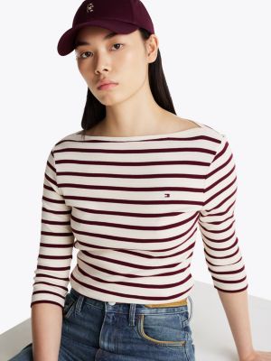 multi t-shirt mit u-boot-ausschnitt und 3/4-ärmeln für damen - tommy hilfiger