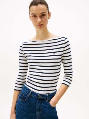 multi boat neck three-quarter sleeve t-shirt for women tommy hilfiger