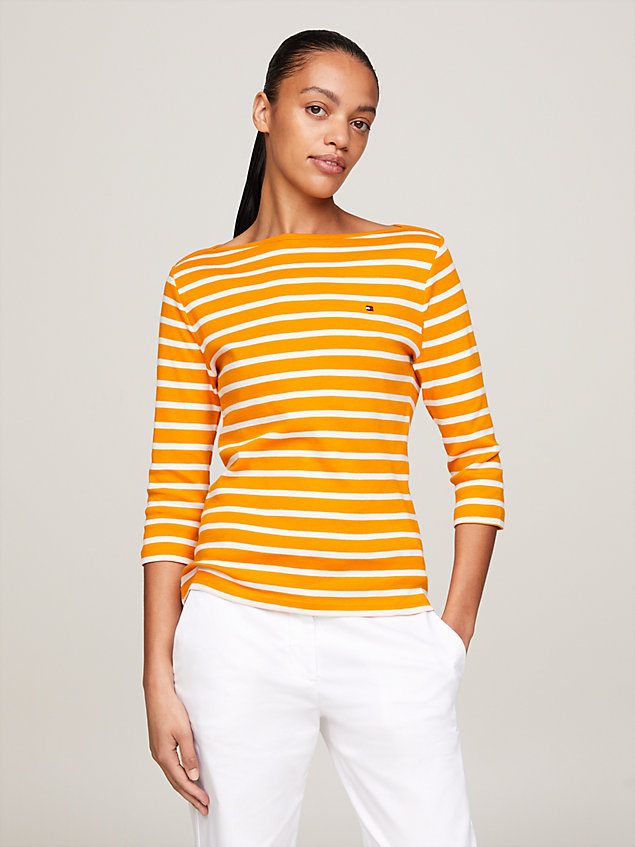 khaki three-quarter sleeve boat neck t-shirt for women tommy hilfiger