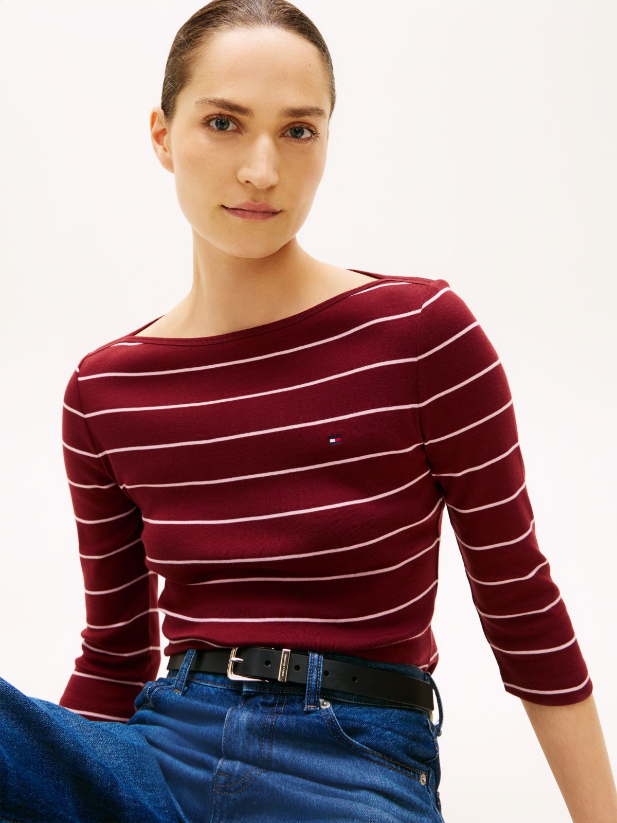 Slim Three-Quarter Sleeve Boat Neck T-Shirt — Red