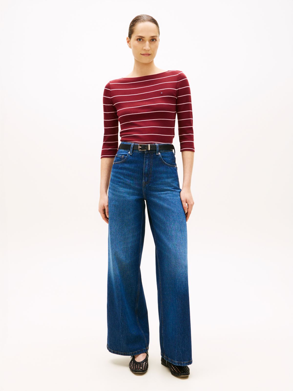 Slim Three-Quarter Sleeve Boat Neck T-Shirt — Red