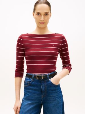 red slim three-quarter sleeve boat neck t-shirt for women tommy hilfiger