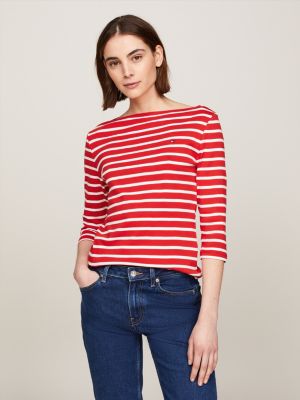 Tommy Hilfiger Women's Short Sleeve Shirt, Snapdragon Derby Stripe, Small