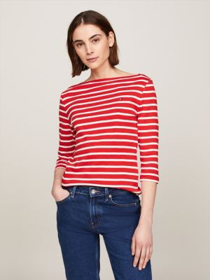 Tommy Hilfiger Women's Long Sleeve Striped Boxy Henley Top Red