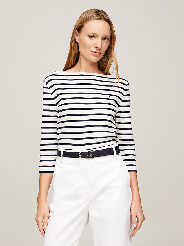 white three-quarter sleeve boat neck t-shirt for women tommy hilfiger