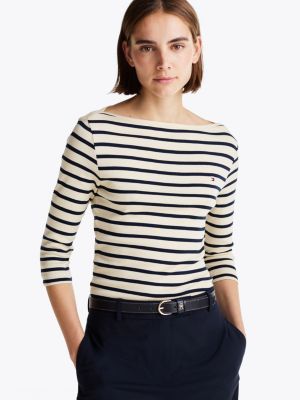 multi boat neck three-quarter sleeve t-shirt for women tommy hilfiger