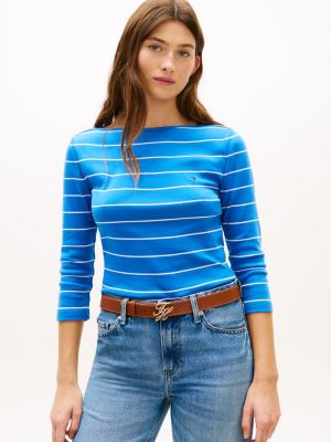 blue wąski t-shirt z rękawami 3/4 i dekoltem w łódkę dla kobiety - tommy hilfiger