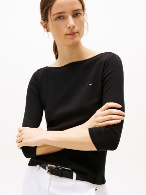 schwarz t-shirt mit u-boot-ausschnitt und 3/4-ärmeln für damen - tommy hilfiger