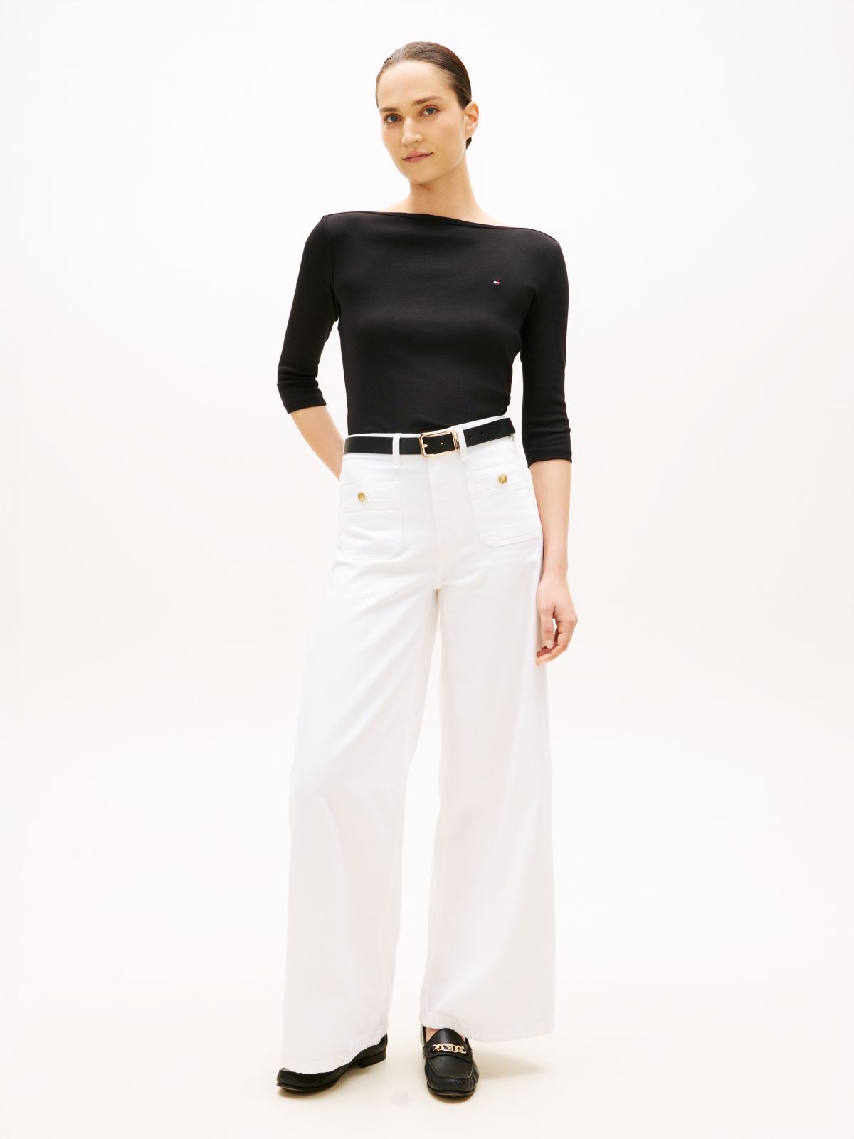 Slim Three-Quarter Sleeve Boat Neck T-Shirt — Black