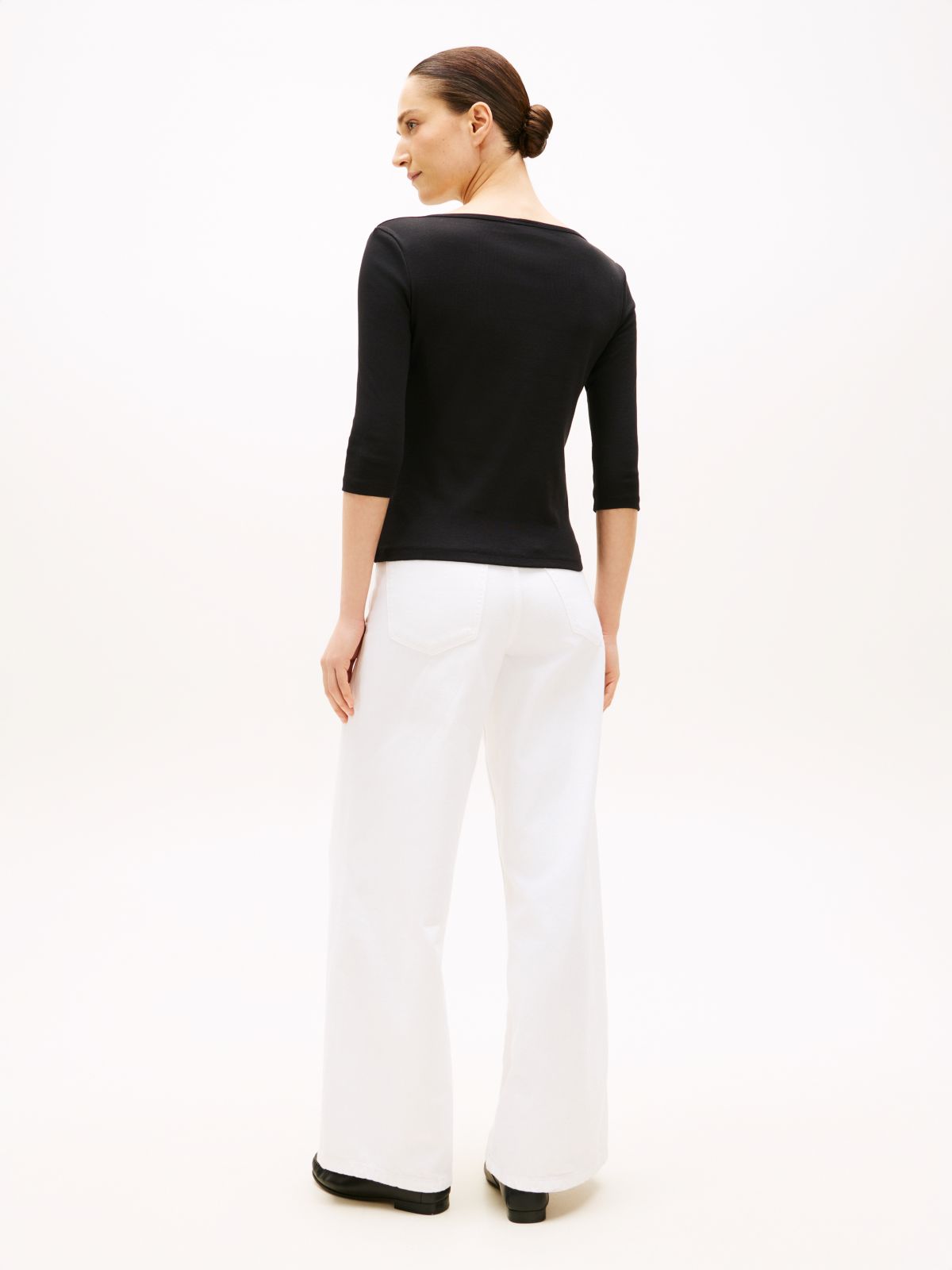 Slim Three-Quarter Sleeve Boat Neck T-Shirt — Black