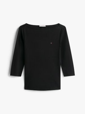 schwarz t-shirt mit u-boot-ausschnitt und 3/4-ärmeln für damen - tommy hilfiger