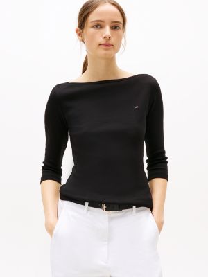 black boat neck three-quarter sleeve t-shirt for women tommy hilfiger