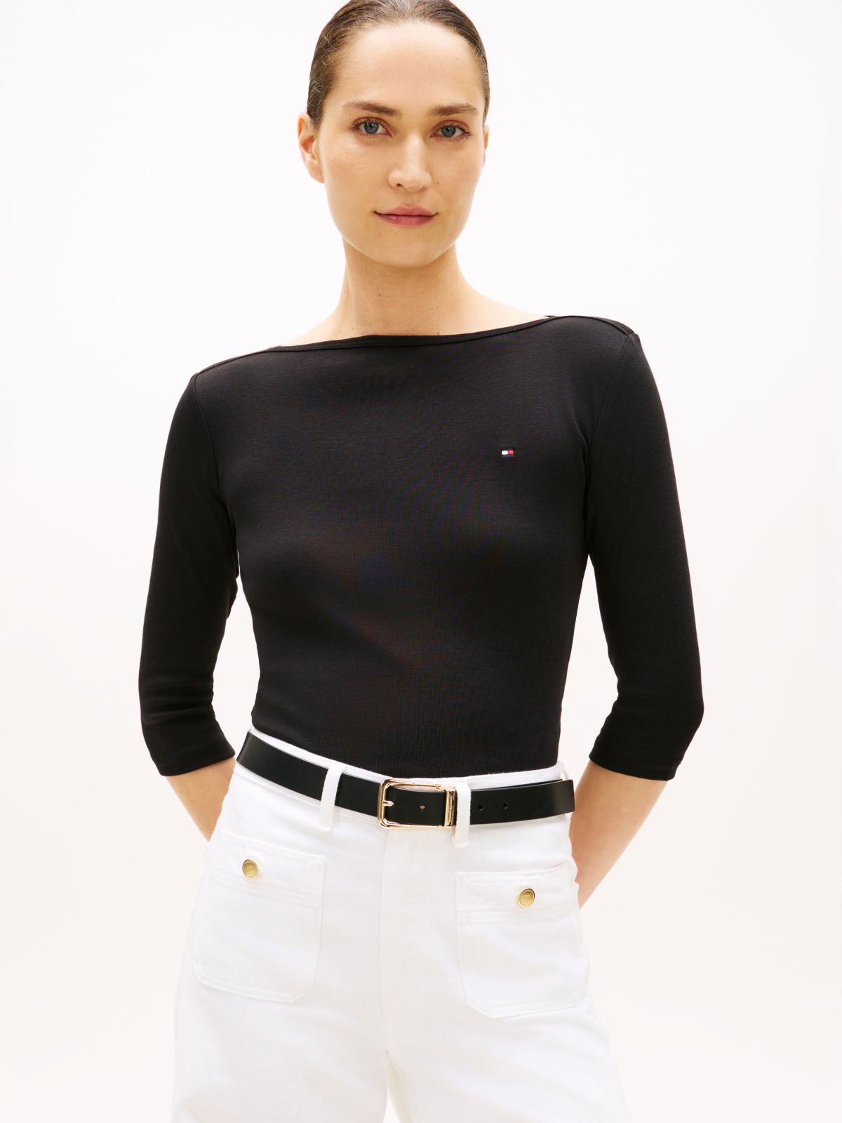 Slim Three-Quarter Sleeve Boat Neck T-Shirt — Black