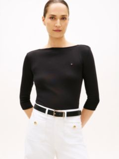 Slim Three-Quarter Sleeve Boat Neck T-Shirt — Black 1