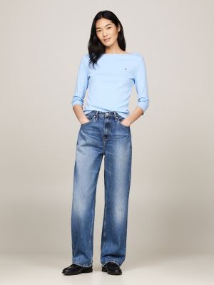 blau slim fit t-shirt mit u-boot-ausschnitt für damen - tommy hilfiger