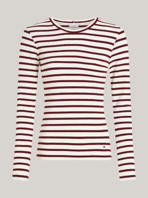 Stripe Slim Fit Long Sleeve T Shirt White Tommy Hilfiger