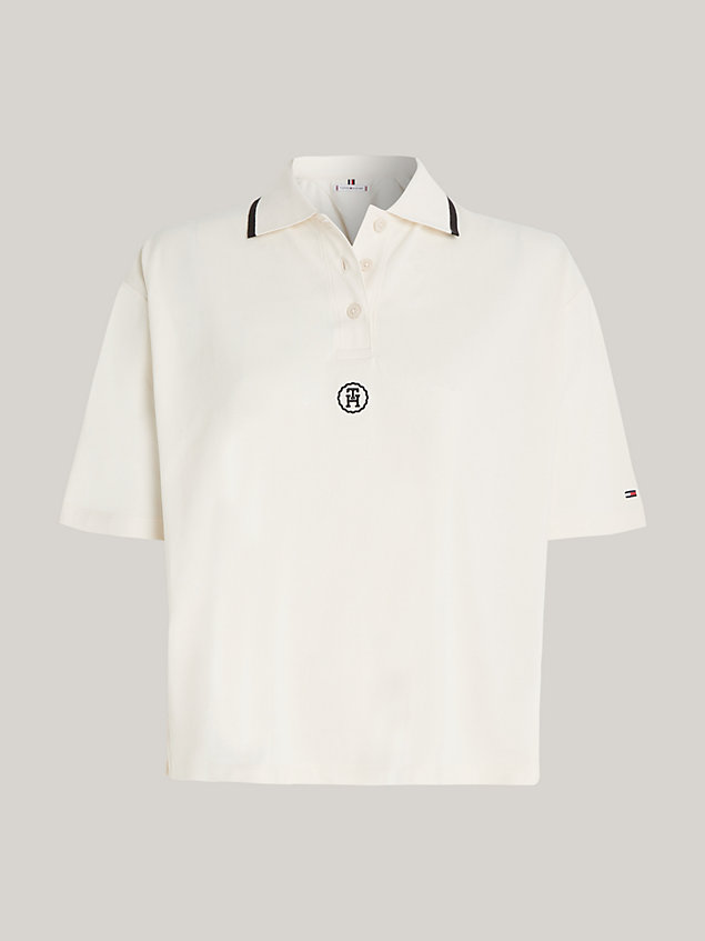 beige varsity th monogram relaxed polo for women tommy hilfiger