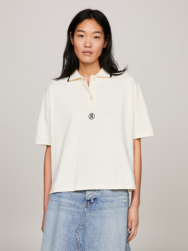 beige varsity th monogram relaxed polo for women tommy hilfiger