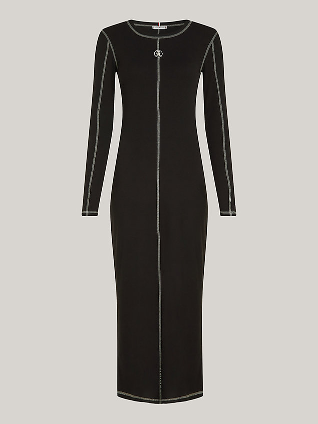 black th monogram contrast stitch slim bodycon dress for women tommy hilfiger
