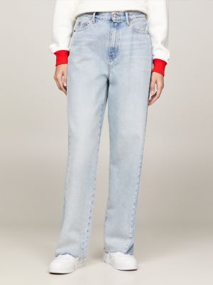 Blue high waisted relaxed straight leg jeans