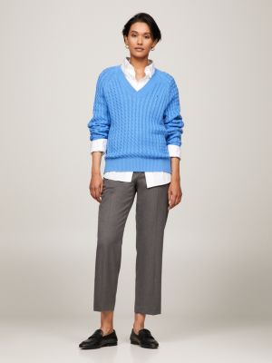 Cable Knit Relaxed V-Neck Jumper, Blue